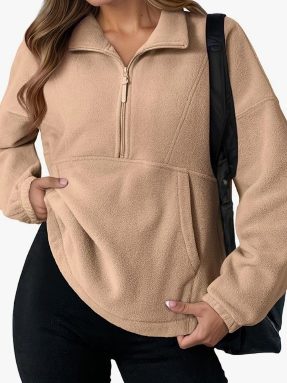 NWT Dokotoo Women’s Oversized Half Zip Fleece Pullover Sweatshirt –  Tan L